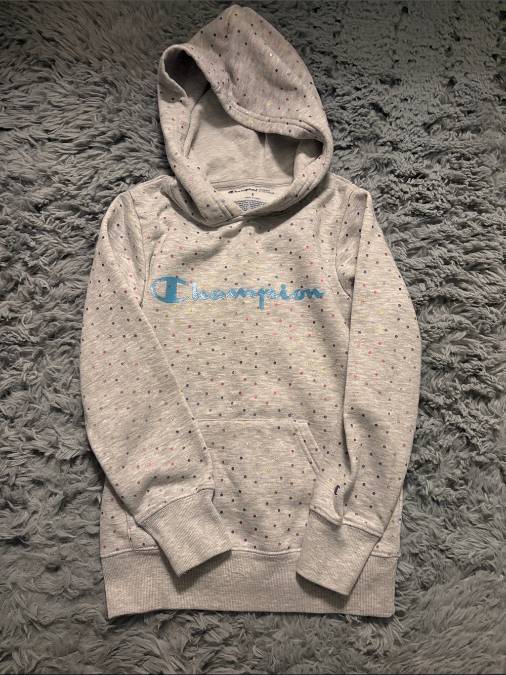 Champion Light Gray Hoodie with Blue Script and Multicolor Dots